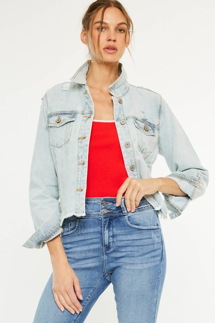 Kan Can USA Distressed Fray Hem Denim Jacket in Light Wash 1