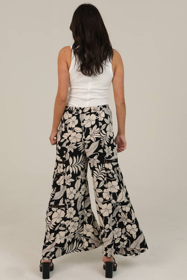 Angie Printed Wide Leg Pants with Lace Inserts in Black 1