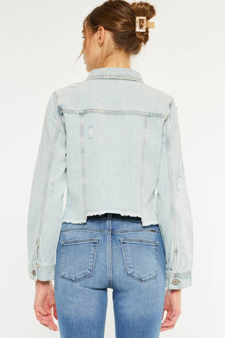 Kan Can USA Distressed Fray Hem Denim Jacket in Light Wash 5