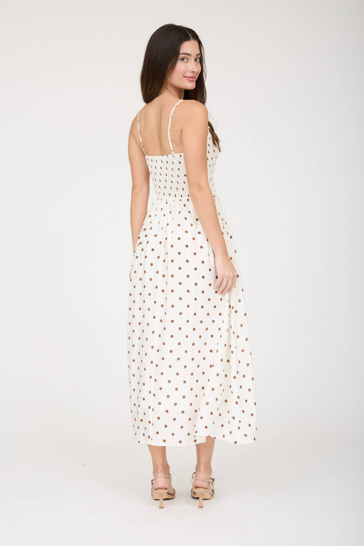 Blu Pepper - Polka Dot Smocked Basque Waist Midi Dress in White 2