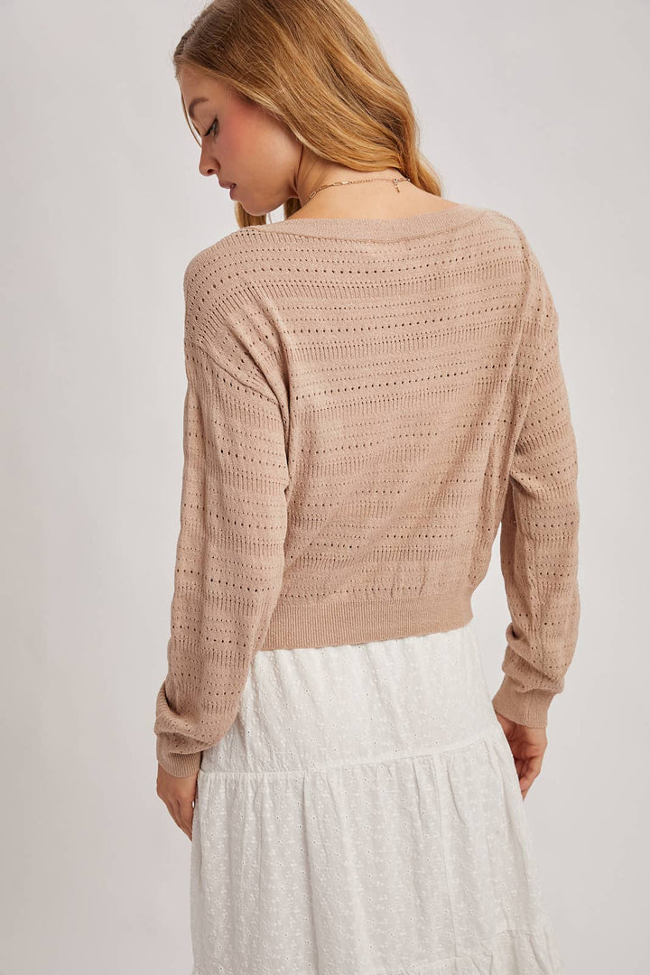Bluivy Open Knit Long Sleeve Pullover Top in Latte baCK