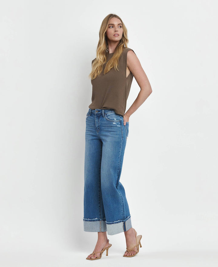 Flying Monkey High Rise Medium Wash Cuffed Wide Jeans in Moorland 8
