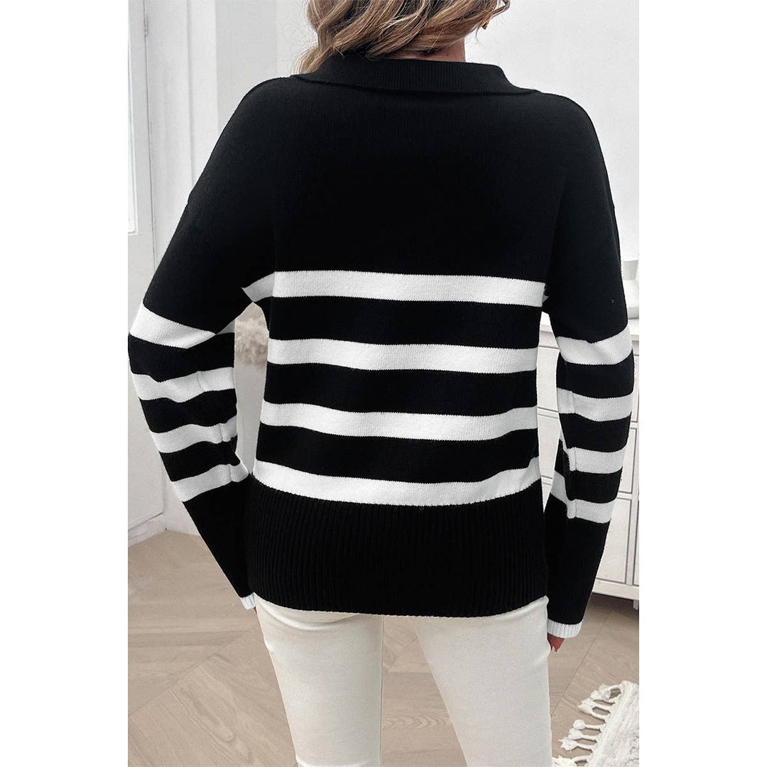 V Neck Drop Shoulder Strip Knit Loose Sweater blk3
