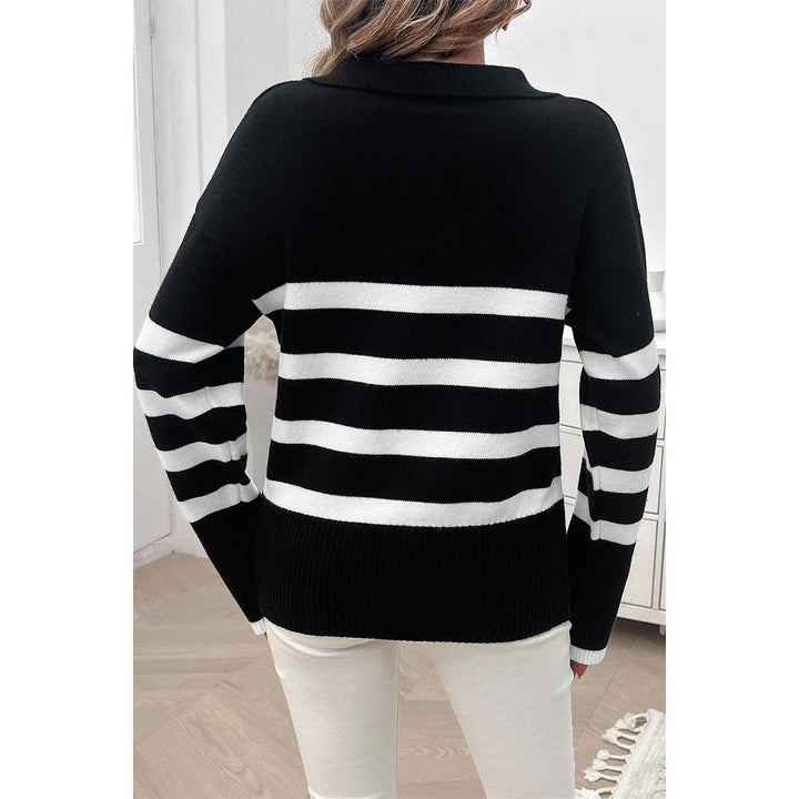 V Neck Drop Shoulder Strip Knit Loose Sweater blk3
