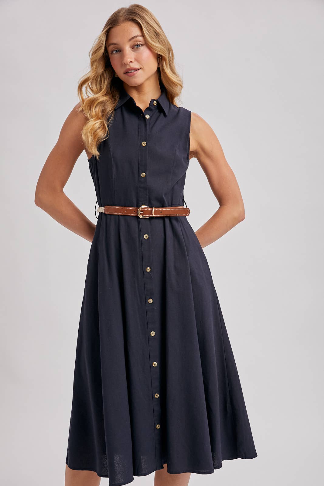 Bluivy Button Down Sleeveless Midi Dress in navy 7