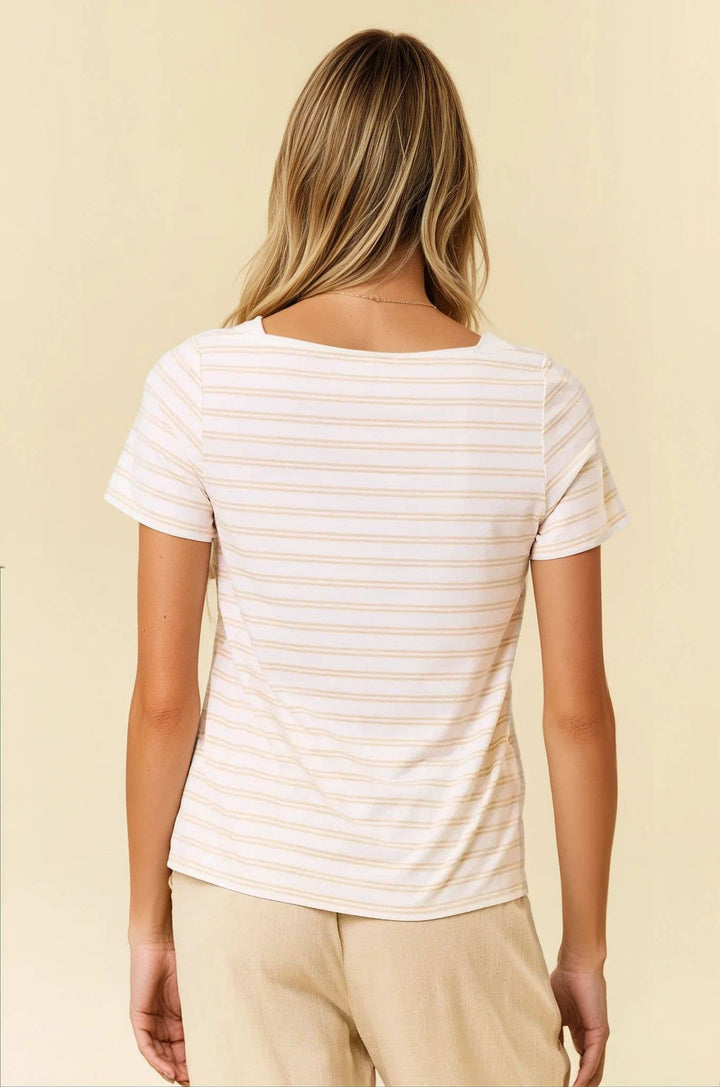 Doe and Rae - Soft Stripe Boat Neck Short Sleeve Tee in Cream back