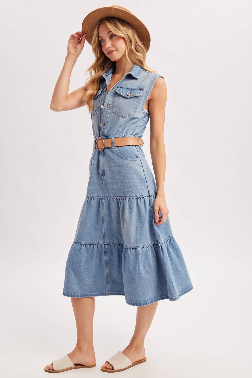 Bluivy Denim Sleeveless Shirt Tiered Midi Dress in light wash 5