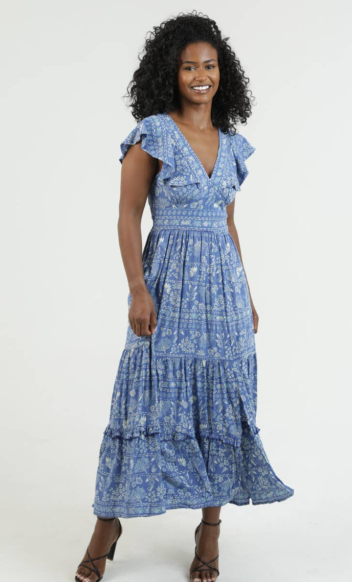 Angie Floral Ruffle Sleeve Dress in Blue 1