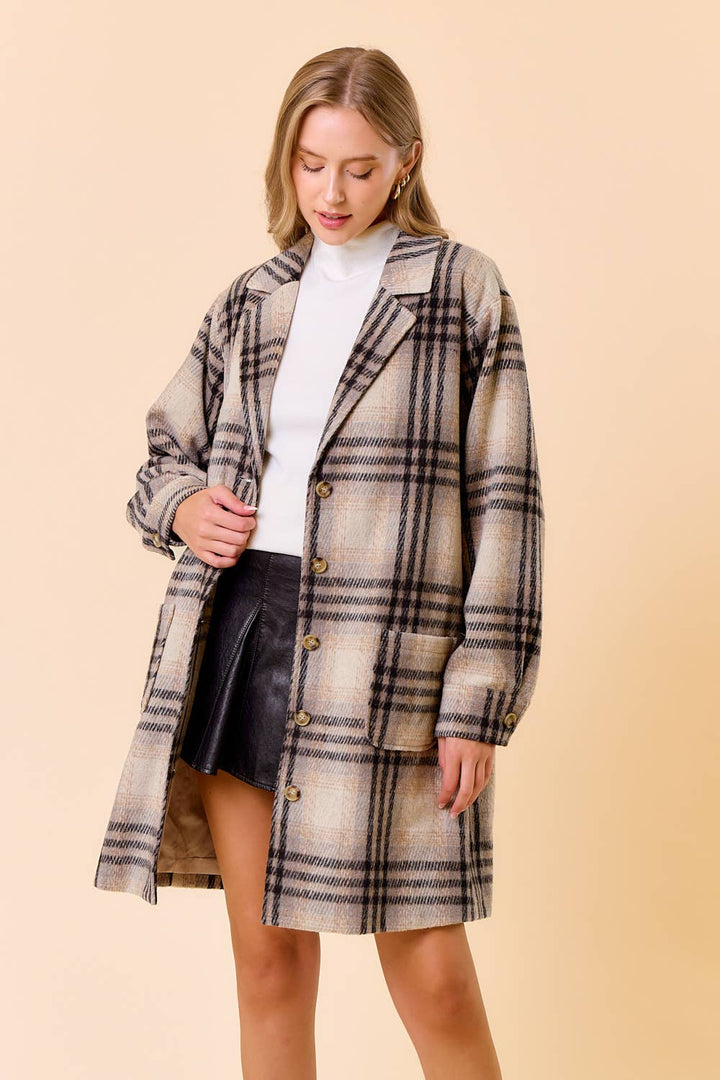 Plaid Front Button Closure Knee Length Coat1