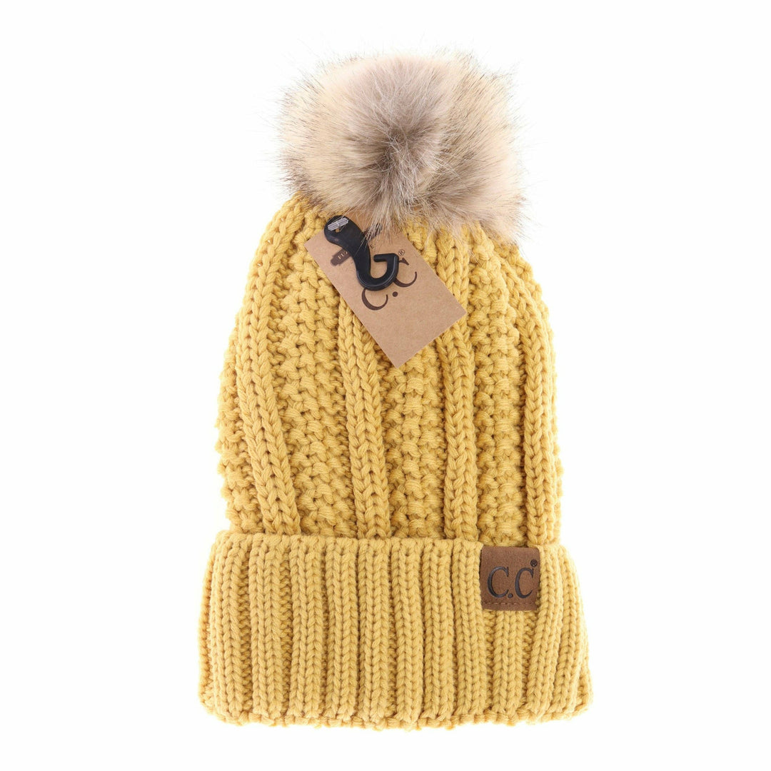 Fuzzy Lined Fur Pom CC Beanie Honey Mustard