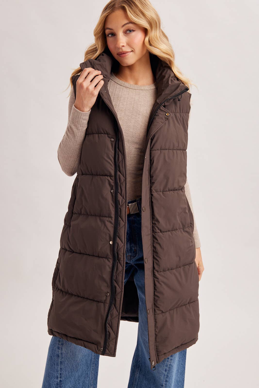 Bluivy Detachable Hood Longline Quilted Puffer Vest in Ash Brown 3