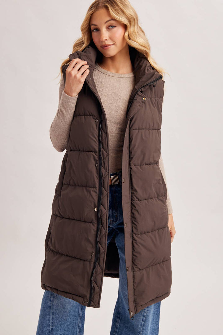 Bluivy Detachable Hood Longline Quilted Puffer Vest in Ash Brown 3