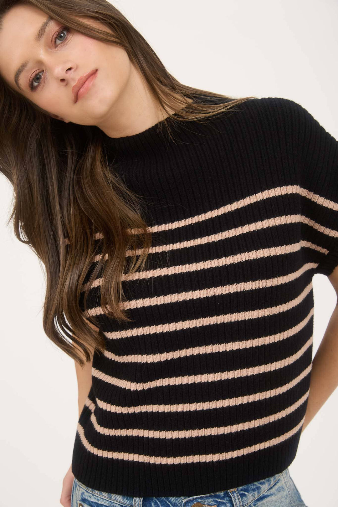 Stripe Mock Neck Short Sleeve Knit Sweater3