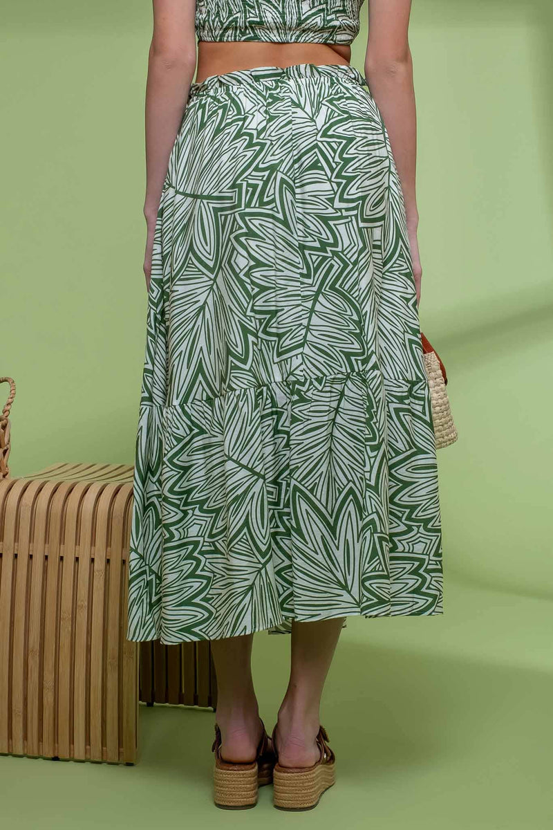 Leaf Print Ruffle Midi Skirt