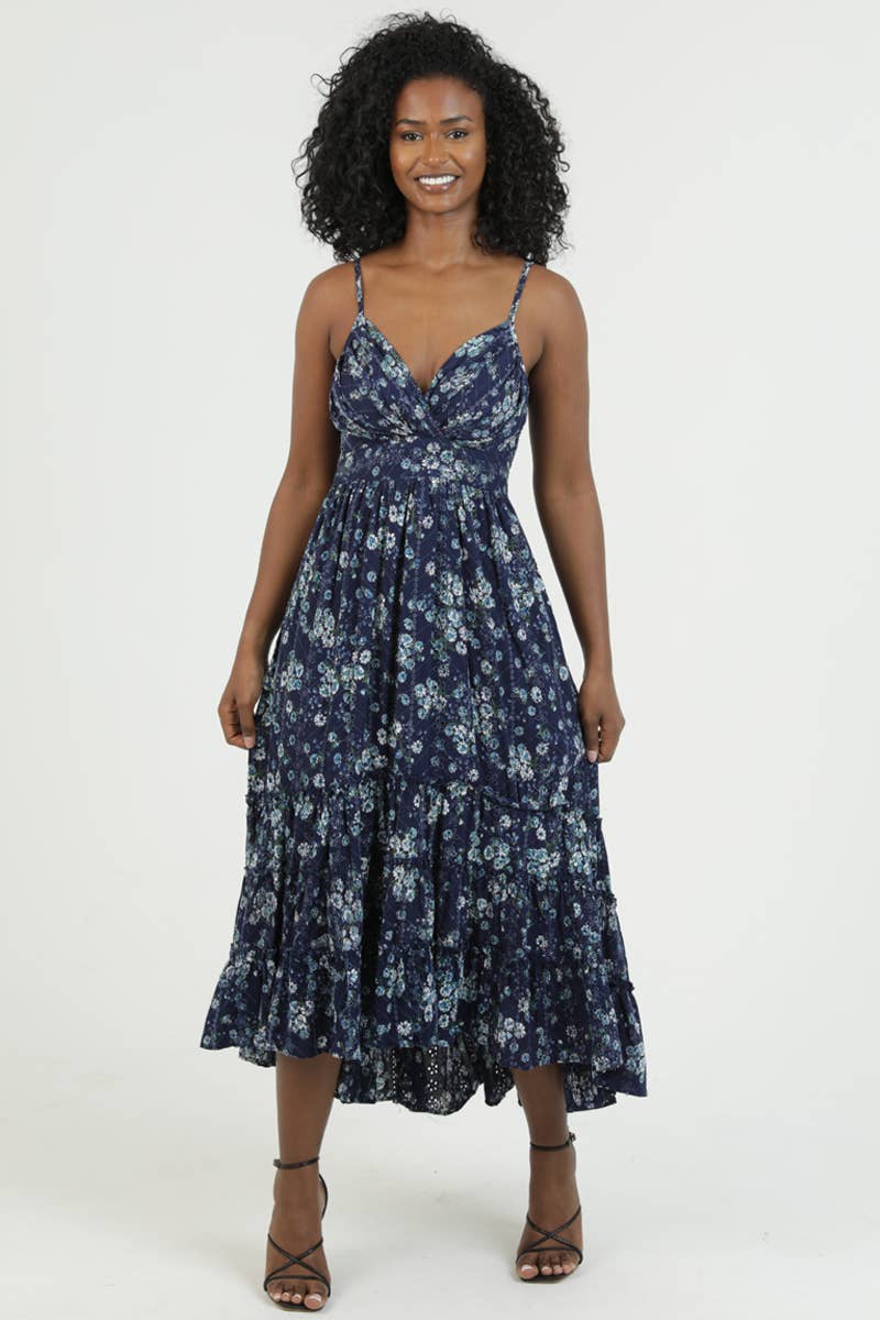 Angie Eyelet Embroidered Printed V-Neck Midi Dress in Navy