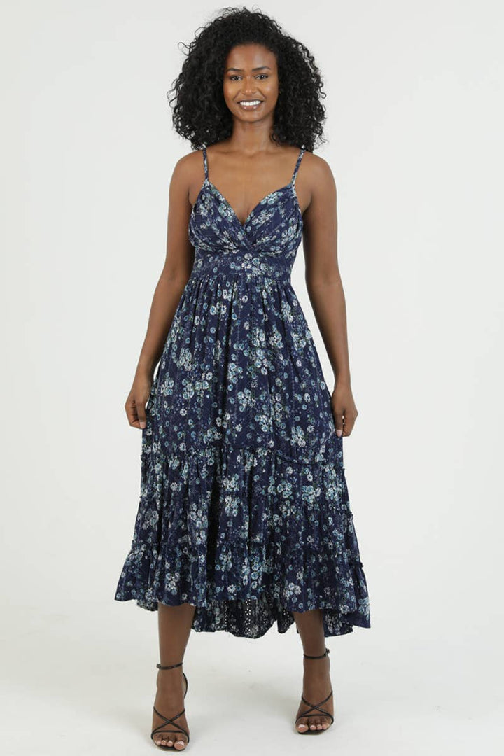 Angie Eyelet Embroidered Printed V-Neck Midi Dress in Navy