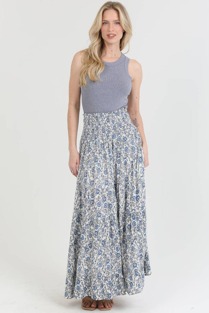Angie Floral Tiered A-Line Maxi Skirt with Smocked Waist Blue