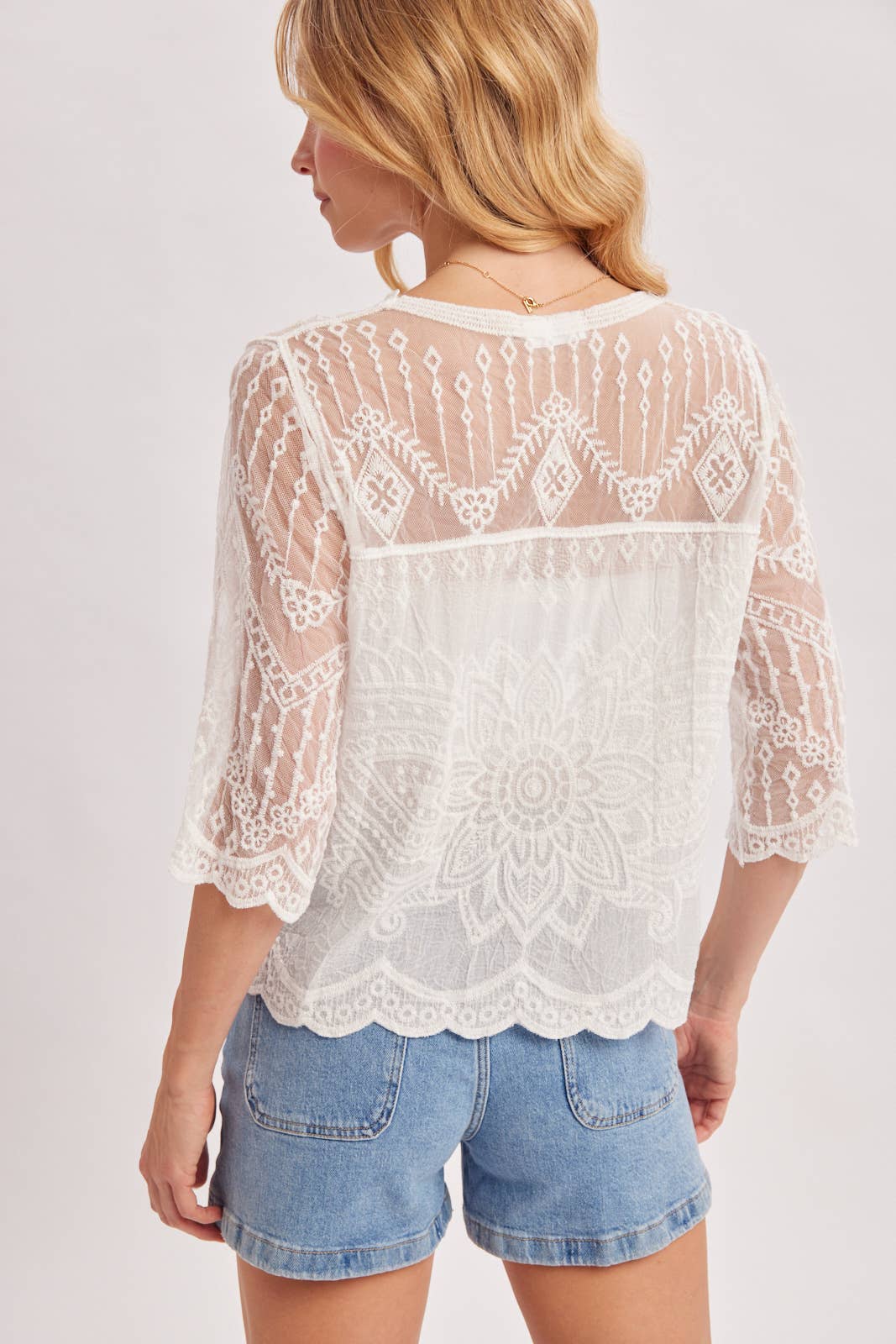 Bluivy Embroidered Mesh Button Down Blouse - Ivory