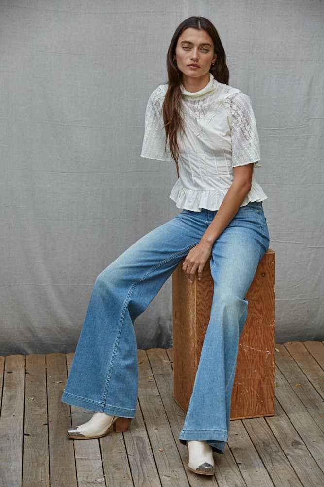 By Together -  Woven Cotton Sheer Lace Mock Neck Short Sleeve Top