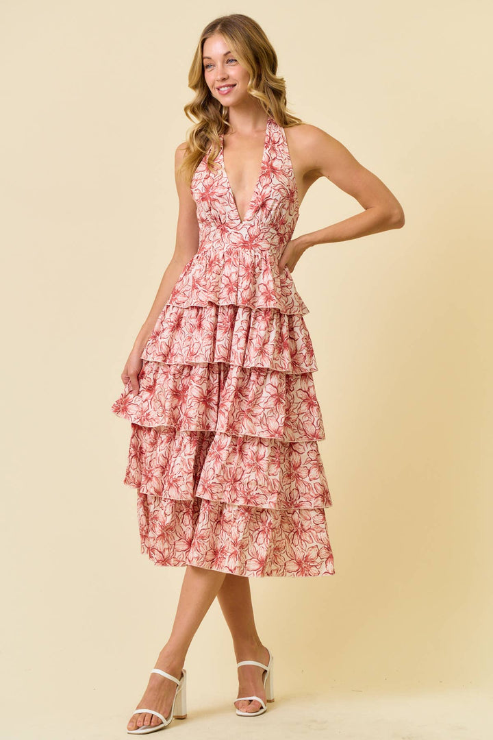 Doe and Rae Halter Tiered Midi Dress in red 1