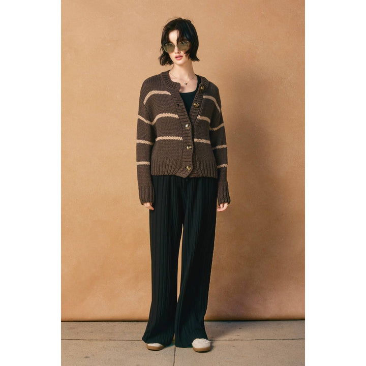 Dress Forum - Fluffy Striped Button Down Cardigan Cacao Bean/Taupe 3