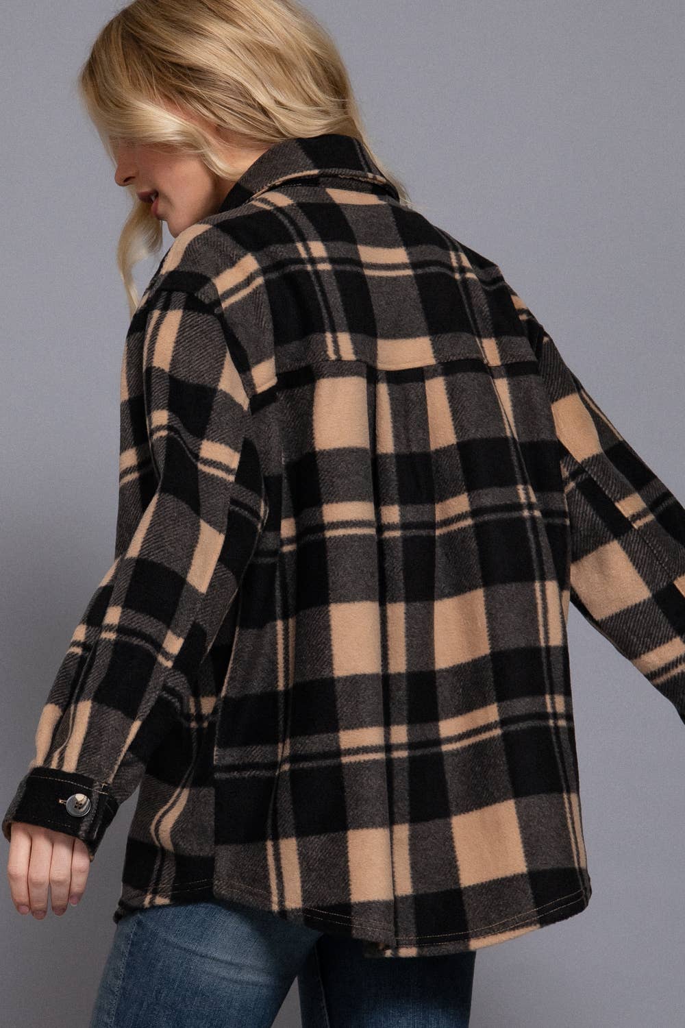 Long Sleeve Check Printed Fleece Shacket Taupe 2