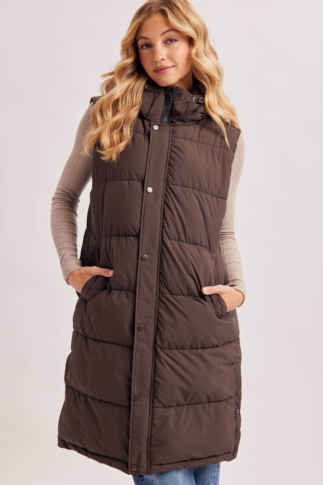 Bluivy Detachable Hood Longline Quilted Puffer Vest in Ash Brown 6