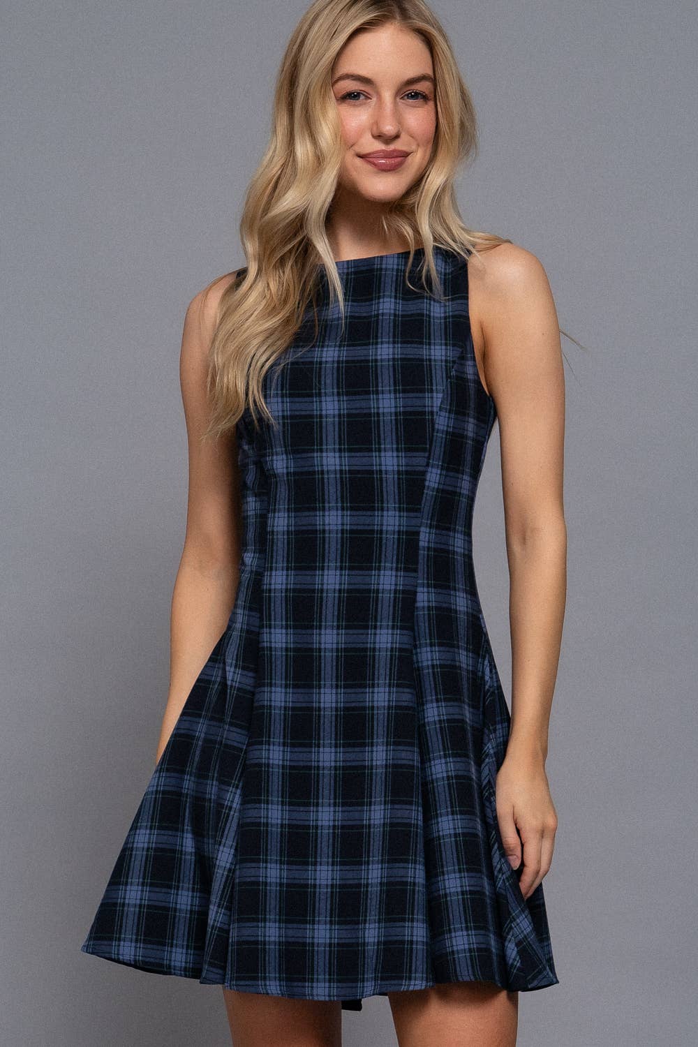 Active USA - Sleeveless Boat Neck Swing Plaid Woven Mini Dress in Navy 2