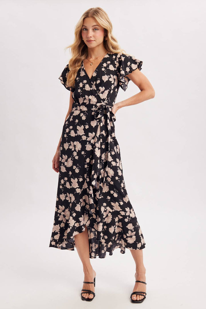 Bluivy Floral Ruffle Wrap Midi Dress in Black 1