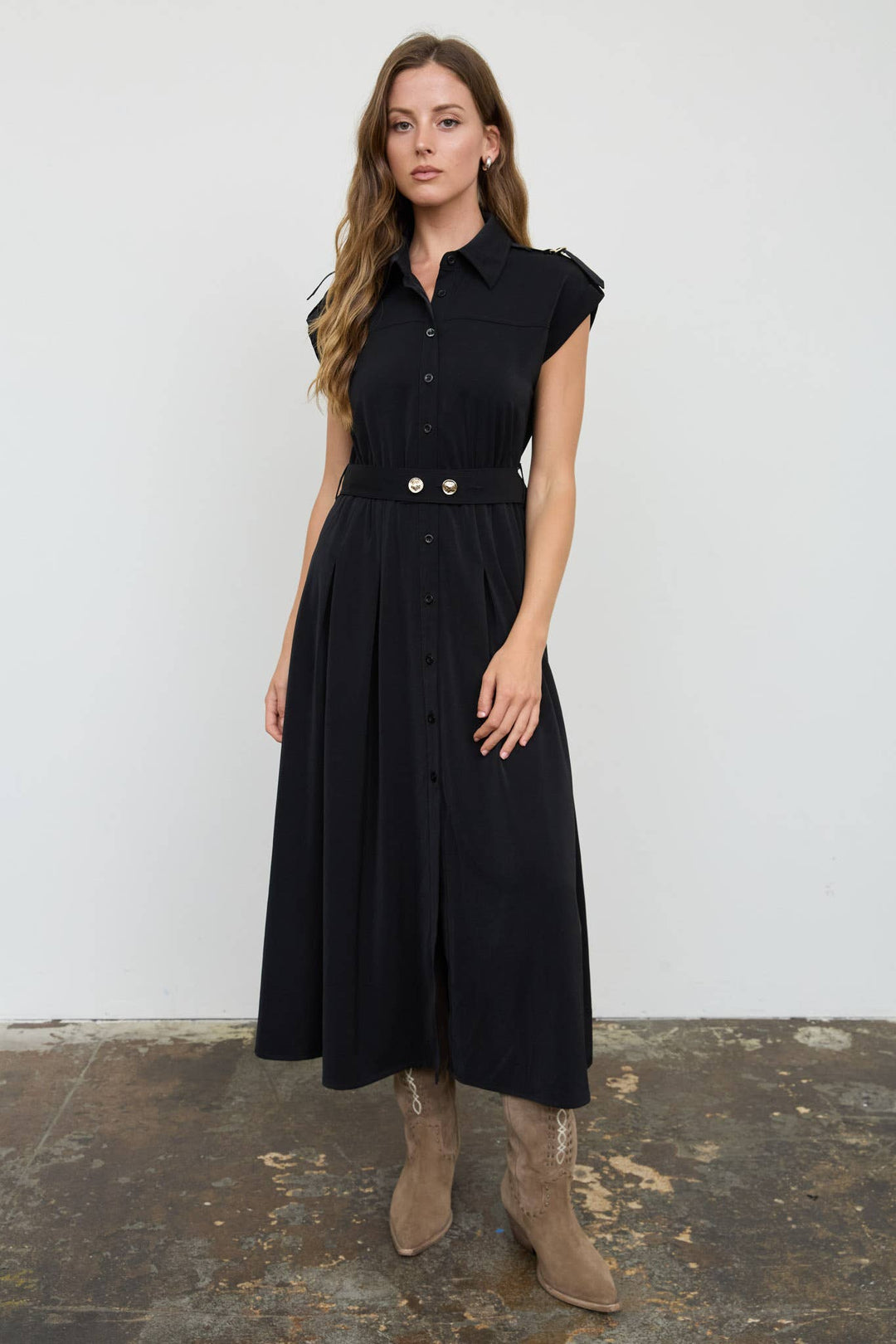 Blu Pepper - Black Belted Sleeveless Midi Shirt Dress
