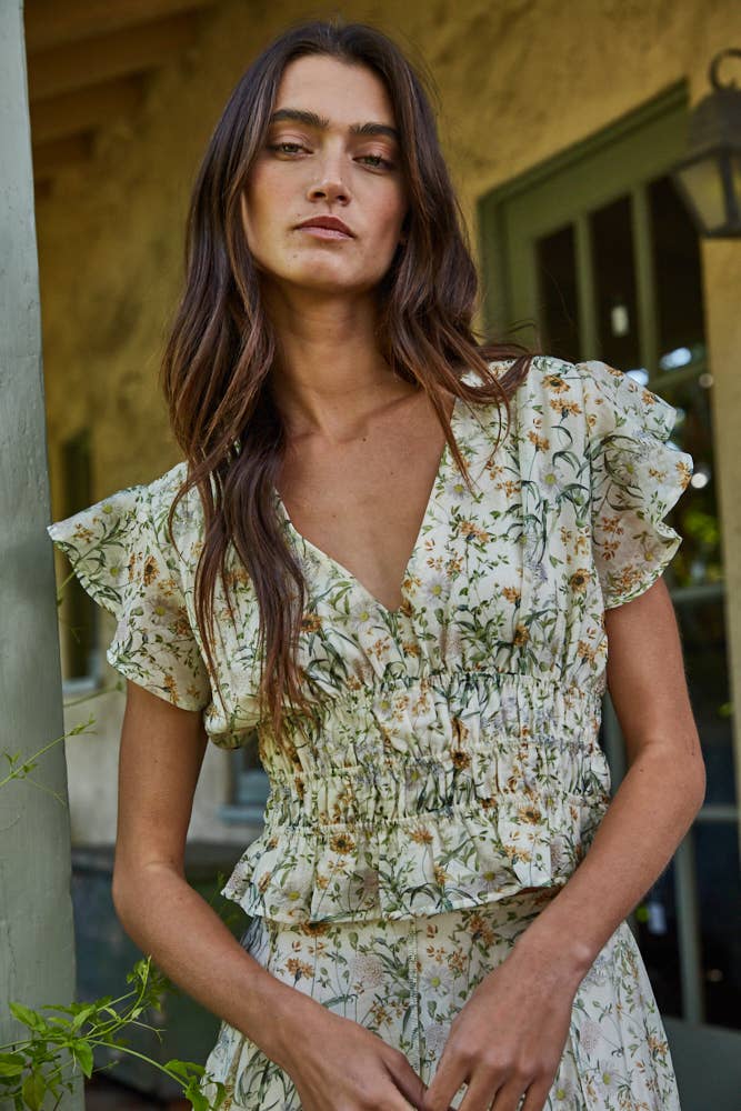 By Together - Woven Floral Print V-Neck Ruffle Top in Ivory Green