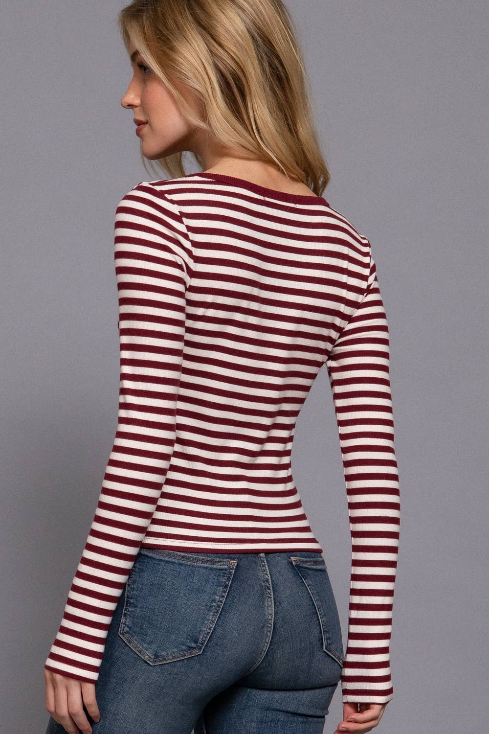Active USA - Long Sleeve Henley Neck Stripe Brushed Rib Top in Burgundy 1