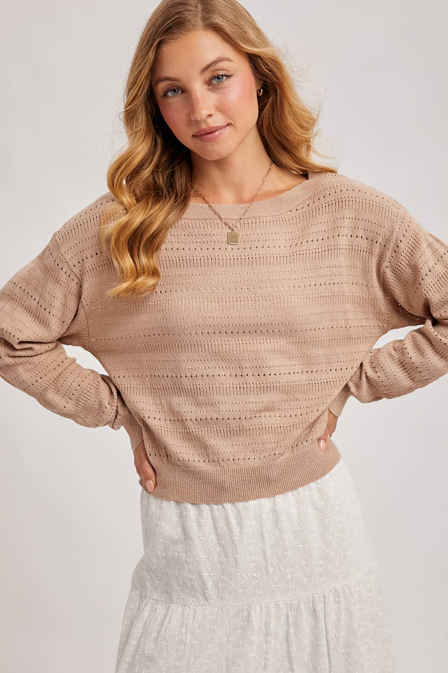 Bluivy Open Knit Long Sleeve Pullover Top in Latte 2