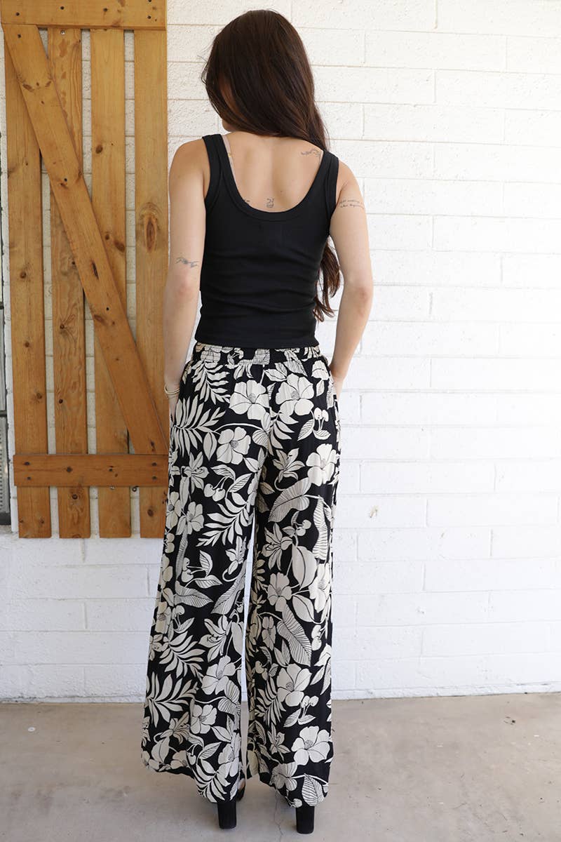 Angie Printed Wide Leg Pants with Tie Waist in Black back