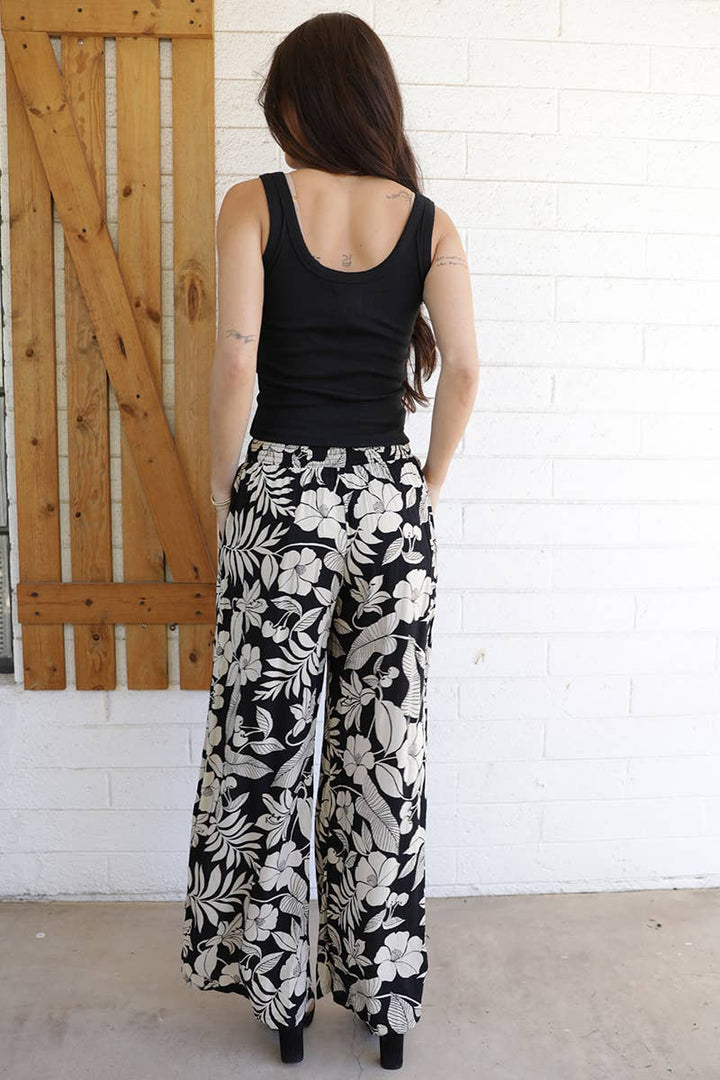Angie Printed Wide Leg Pants with Tie Waist in Black back