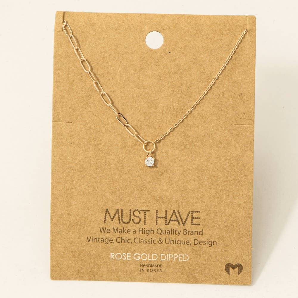 Fame Accessories - Chain Link Rhinestone Stud Charm Necklace Gold