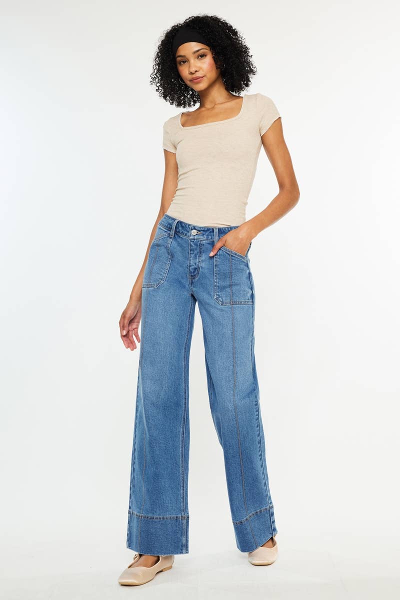 Kan Can USA Mid Rise Wide Leg Jeans in Medium Dark Wash 1
