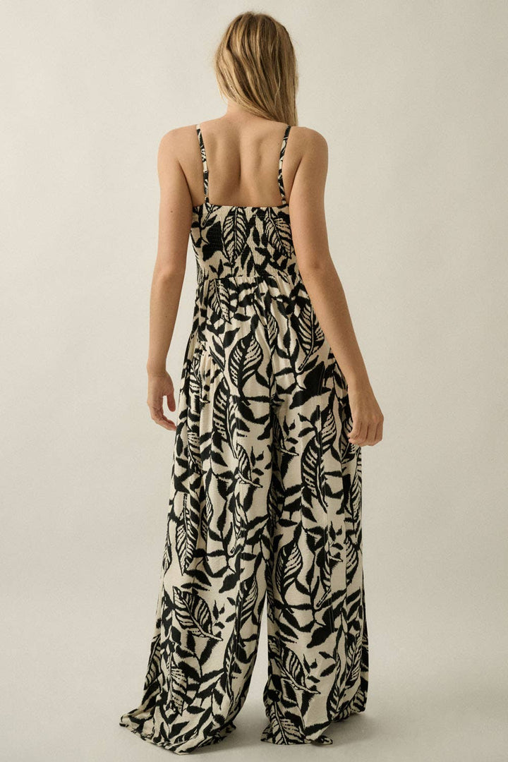 Promesa USA - Tropical-Print Wide-Leg Pocket Cami Jumpsuit in Oatmeal-Black back