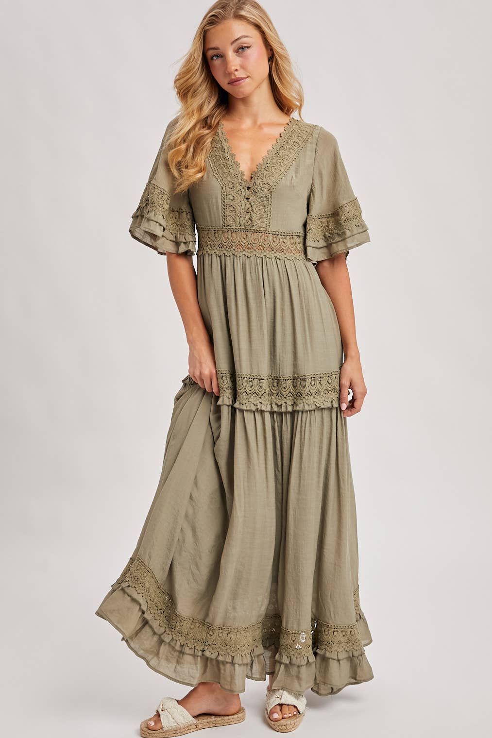V-Neck Lace Trim Maxi Dress olive