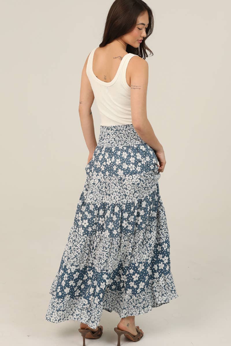Angie Twin Print Tiered A-Line Maxi Skirt in Peacock 2