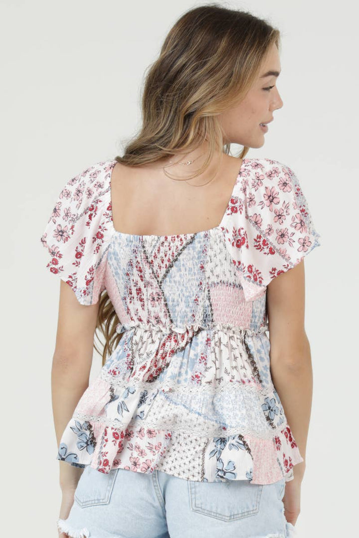Angie V-Neck Short Sleeve Lace Trim Printed Top in Ivory 2