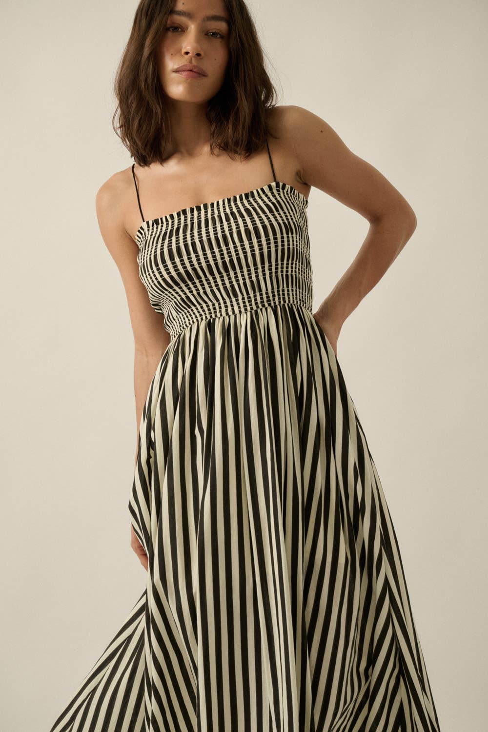 Promesa USA - Striped Cotton-Blend Smocked Pocket Midi Dress Black 2