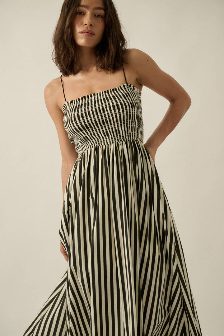 Promesa USA - Striped Cotton-Blend Smocked Pocket Midi Dress Black 2