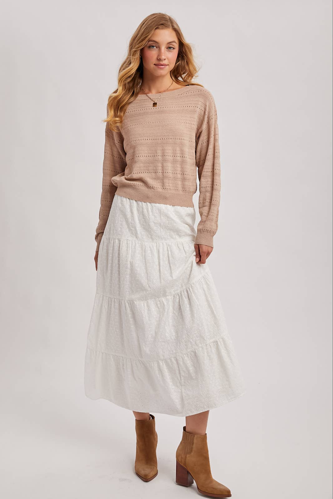 Bluivy Open Knit Long Sleeve Pullover Top in Latte 7