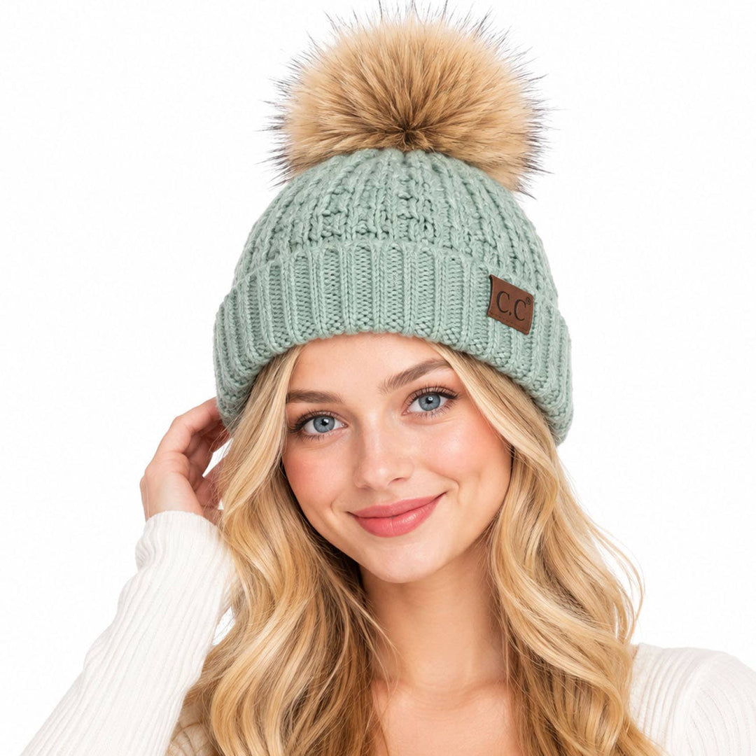 Hana - C.C. Smocking-Stitch Cuffed Pom Beanie 3