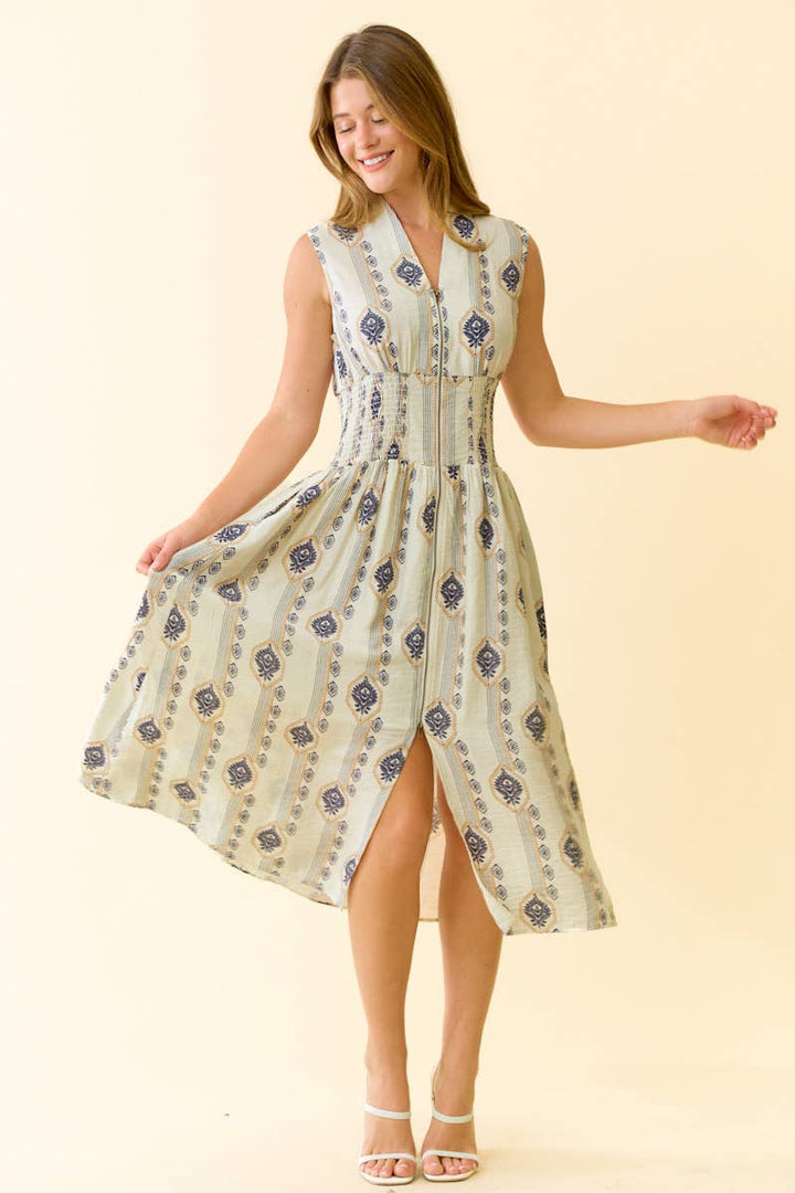 Doe and Rae Botanical Print Midi Dress in ecru