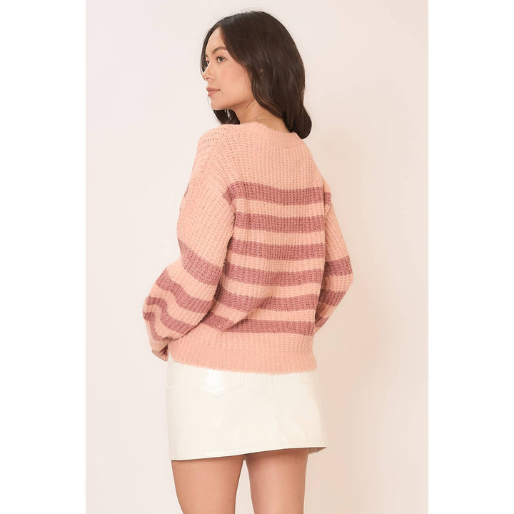 Striped Brushed Knit Crew Neck Sweater Blush 1