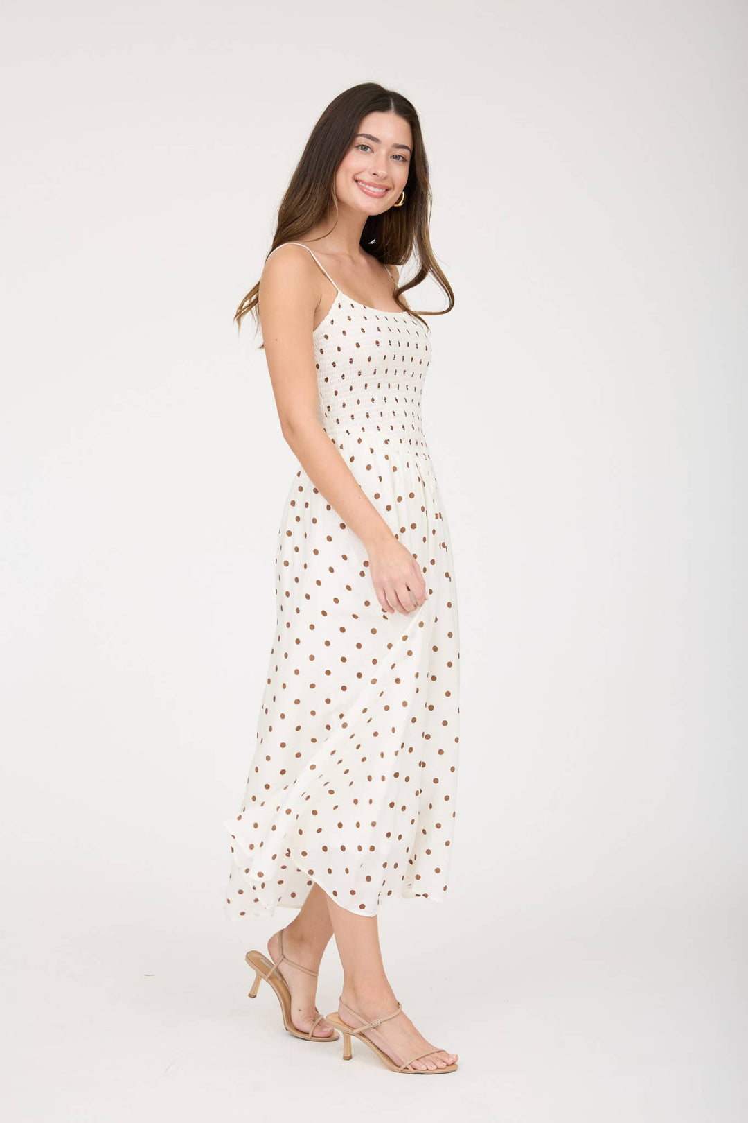 Blu Pepper - Polka Dot Smocked Basque Waist Midi Dress in White 6