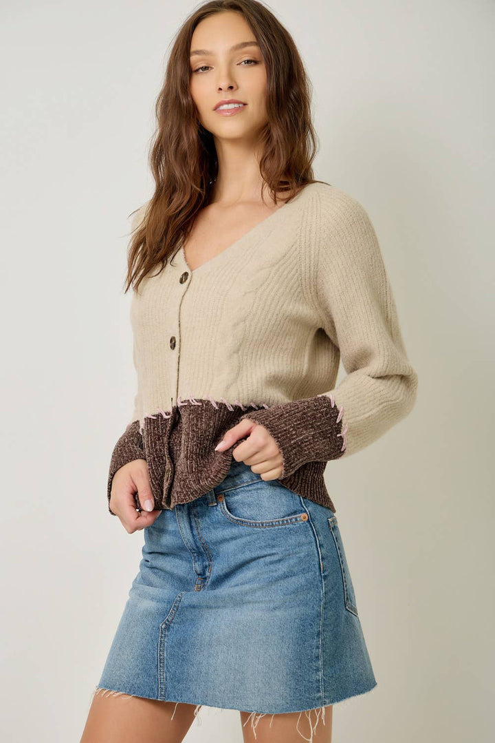 Mystree Whip-Stitch Cardigan - Oatmeal/Chocolate 4