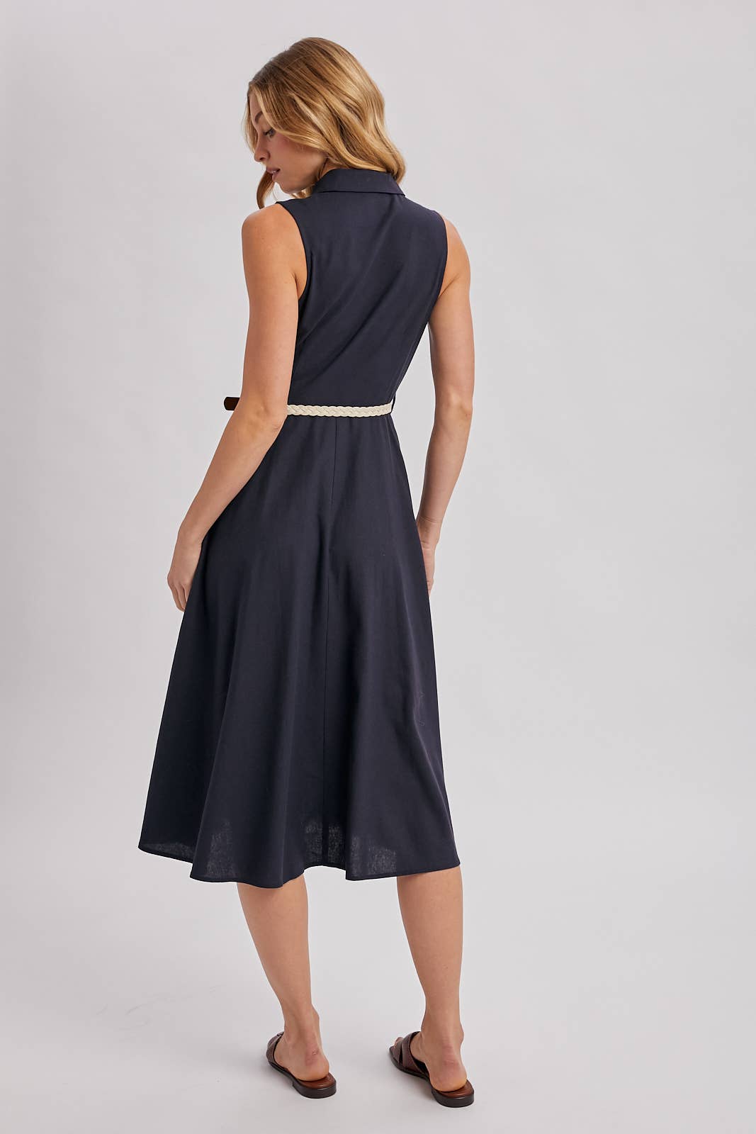 Bluivy Button Down Sleeveless Midi Dress in navy back